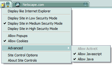Screenshot eines Menüs des neuen Netscape-Browsers