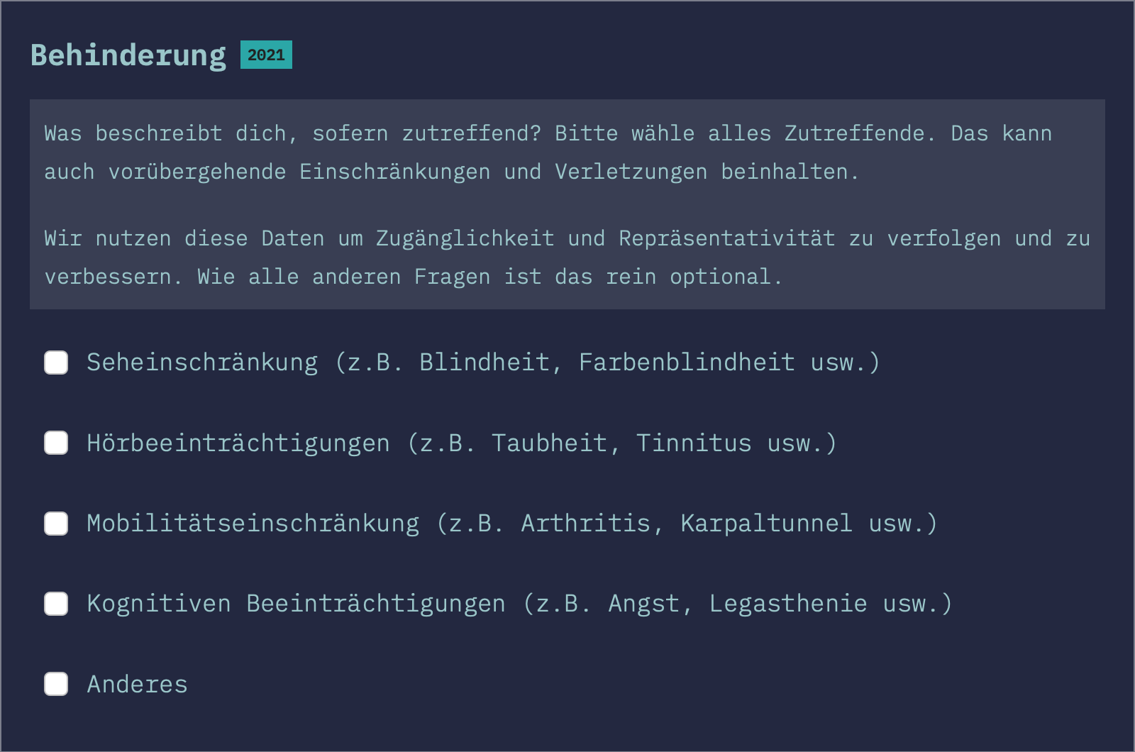 Die Frage nach einer Behinderung in der aktuellen State of CSS Umfrage.