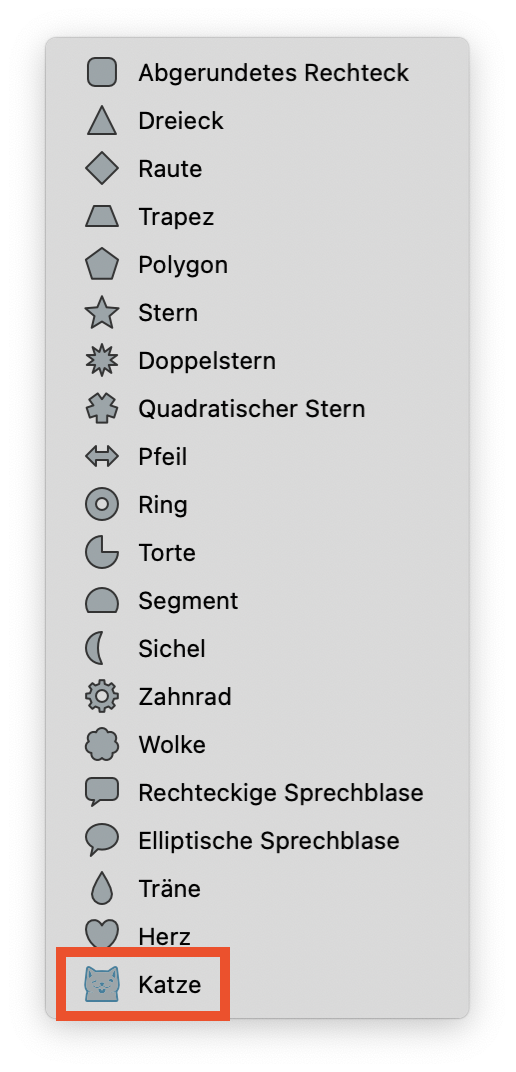 Die Liste von möglichen automatischen Formen in Affinity Designer 2 enthält neben Trapez, Dreieck, abgerundetes Rechteck und vielem mehr jetzt ganz am Ende der Liste auch „Katze“. Die Option habe ich rot umkreist.