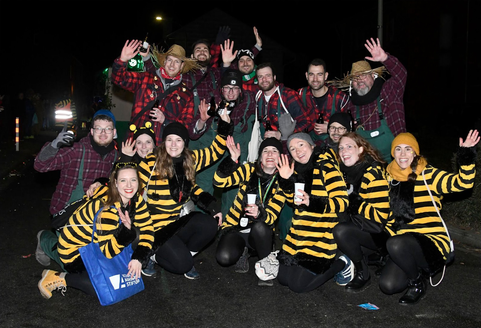 Foto meiner Karnevalsgruppe beim Nachtzug; im Vordergrund die Frauen als Bienen, im Hintergrund die Männer als Gärtner.