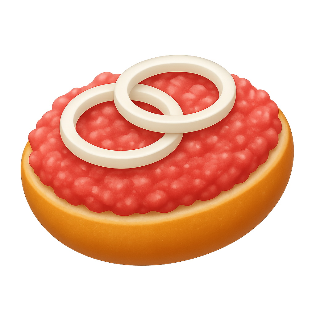 Ein halbes Mettbrötchen mit zwei Zwiebelringen, als Emoji im Apple-Stil.