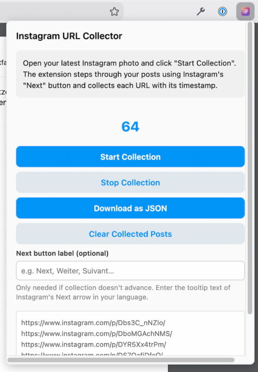 Popup der Instagram-URL-Collector-Extension mit Steuerungs-Buttons, Zähler und Liste gesammelter Post-URLs.