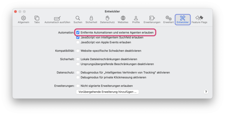 Safari-Entwicklereinstellungen mit aktivierter Option „Entfernte Automationen und externe Agenten erlauben“.